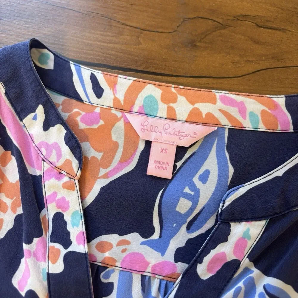 Lilly Pulitzer Top XS Navy Floral Alexandra Henley Long Sleeve Bright Pom Pom